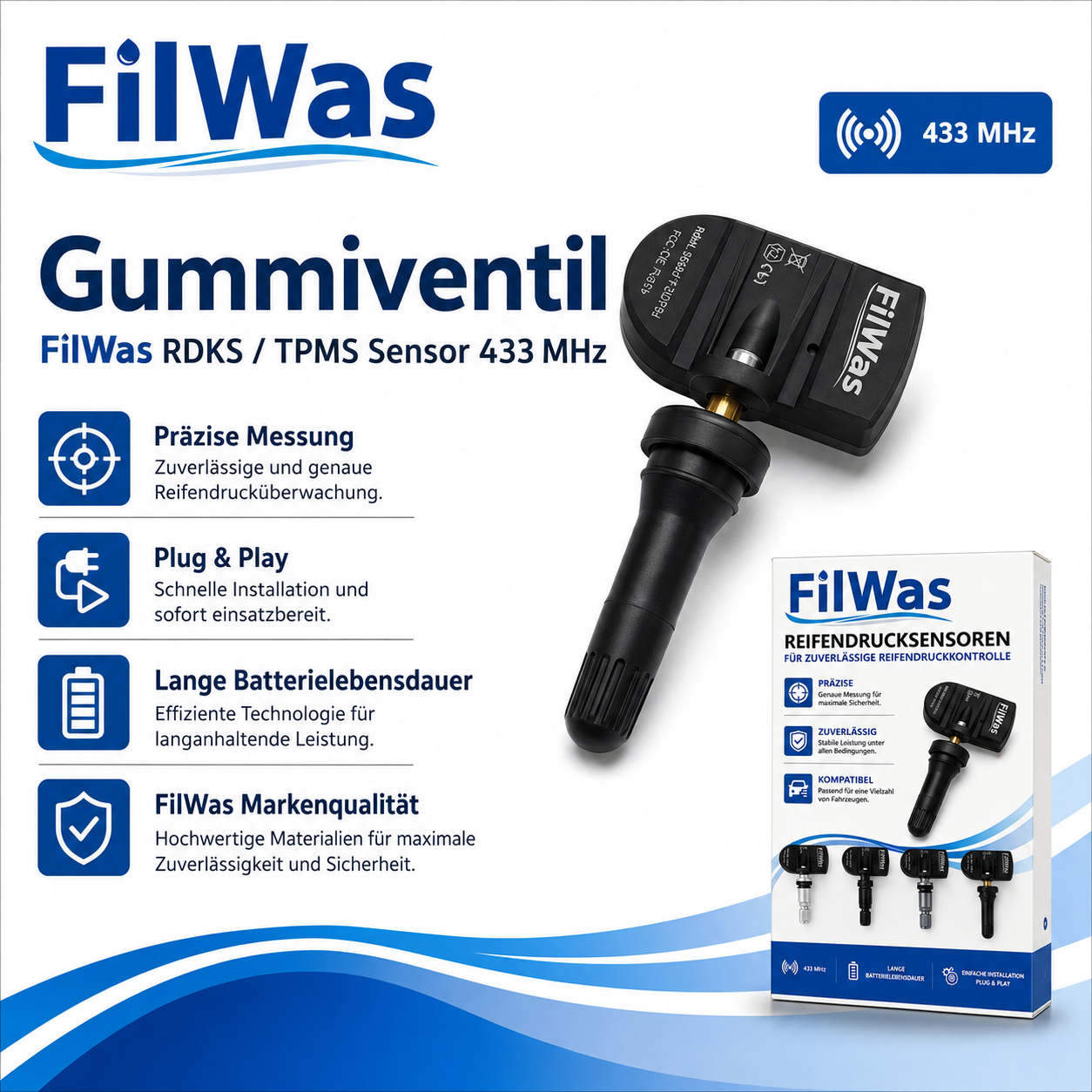 4x FilWas RDKS TPMS 433MHz Gummiventil für Audi Q3 / RS Q3 8U