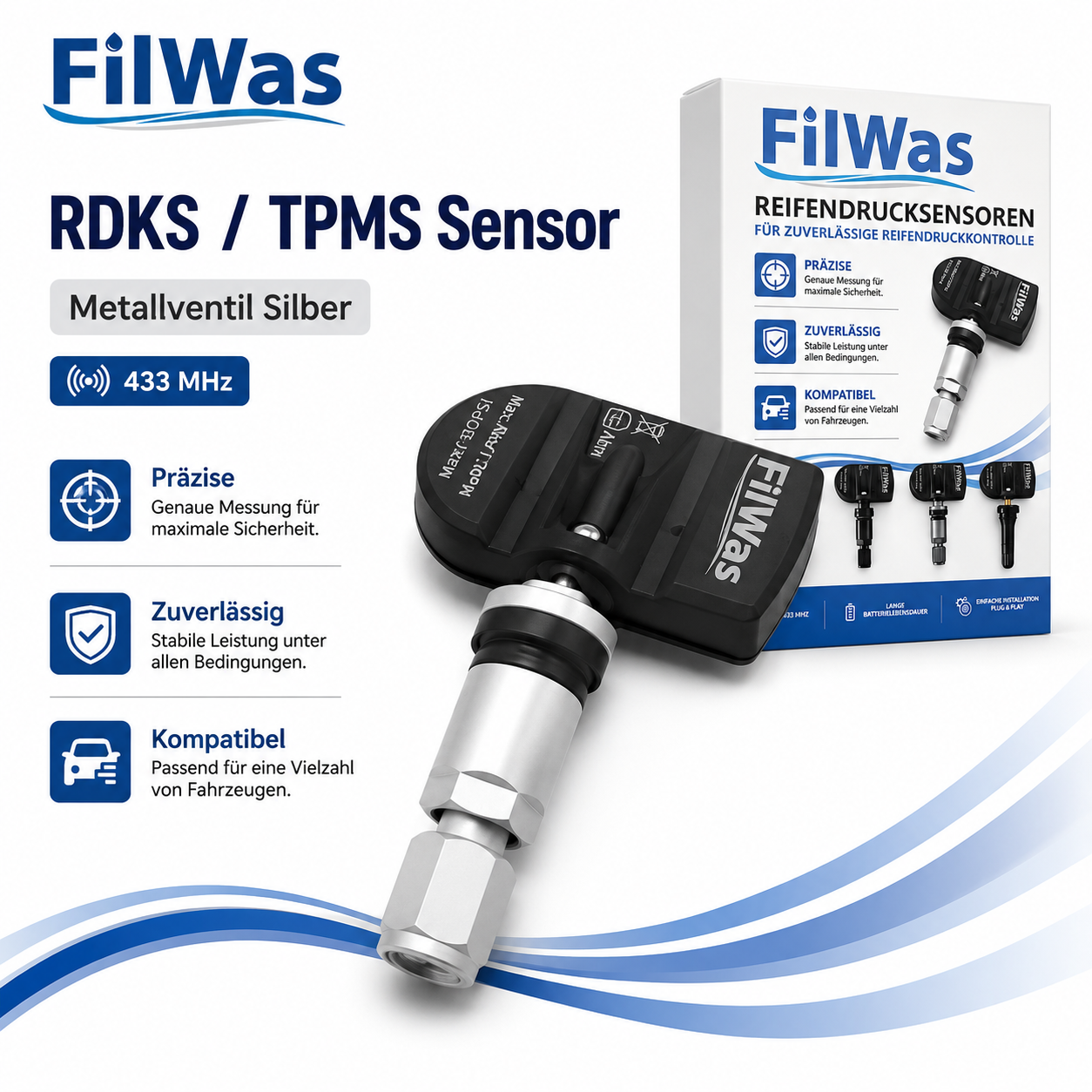 4x FilWas RDKS TPMS 433MHz Silber für BMW 1er F40 07/2019-12/2020