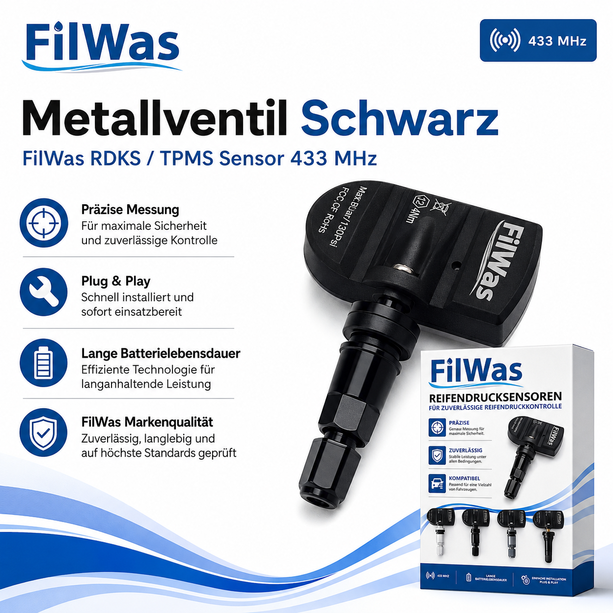 4x FilWas RDKS für Audi RS7 C7 03/2016-12/2017 433MHz Schwarz